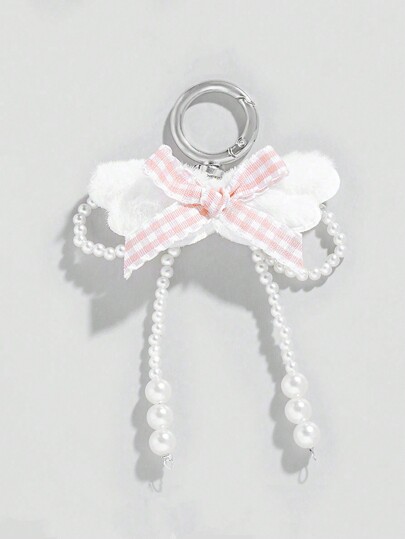 Kawaii 1 pieza Colgante minimalista para mochila con ala de perla blanca y lazo rosa para el Día de San Valentín