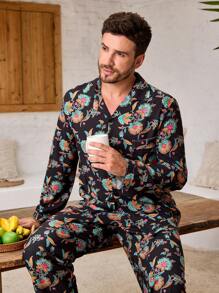 Manfinity Underwear&Sleepwear Basics 男士花卉印花长袖上衣和长裤家居服 - 黃色 - 查看 5
