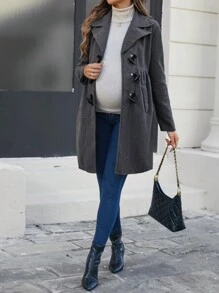 SHEIN Maternity Solid Color Buckle Design Long Sleeve Casual Loose Coat, Autumn Fall Clothes - Dark Grey - View 4