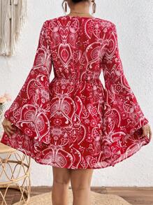 SHEIN VCAY Holiday Woven Printed V-Neck Front-Tie Jumpsuit Dress With Bell Sleeves For Women, Casual Women Dresses - Red and White - View 2