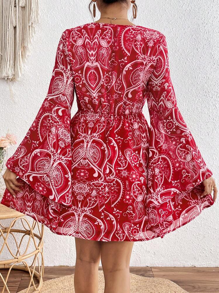 SHEIN VCAY 女士节日编织印花 V 领前系带喇叭袖连体裤连衣裙，休闲女装 - 紅白色 - 查看 2