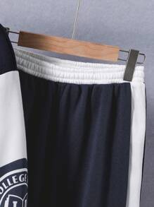 SHEIN Teen Boy American Collegiate Style Letter Graphic Hooded Sweatshirt & Patchwork Long Pants Set Chic Outfits For Autumn/Winter