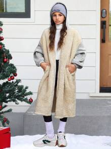 Abrigo con capucha de felpa esponjosa de color block, chaqueta de forro polar abrigada y suave para niñas preadolescentes, para otoño/invierno