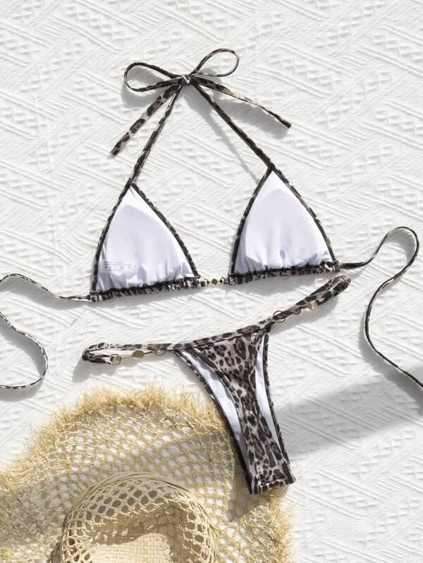 SHEIN Swim Set de bikini de vară pentru femei, 2 bucăți: Top și pantaloni de jos cu șalter cu imprimeu leopard, auriu metalic