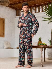 Manfinity ChillVibe 1 Set Men Floral Print Grandad Collar Single Breasted Long Sleeve Top And Pants Pajama Set - Mint Green - View 3