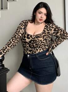 Dazy Plus Plus Size Women Leopard Print Crew Neck Fitted Long Sleeve T-Shirt, Autumn Cheetah Print - Khaki - View 3