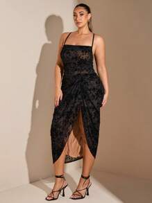 SHEIN BAE Plus Size Women's Elegant Flocking Graceful Midi Pleated Dress Suitable For Daily Date,Valentine's Day, Lace, Minimalism,Women Party Wear,Occasion Dress, Fall,Tulle Dress,Curve,Elegant, Cocktail Dress, Party, Night Out, Pleated, Slit, Sexy, Suspender Dress, Birthday Party, Holiday,Long Skirt,Afternoon Tea, Evening Dress, For Winter,Party Dress - Black - View 6