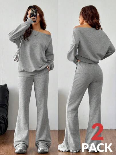 SHEIN EZwear 女士春夏基础款针织纯色灰色宽松露肩不对称领长袖卫衣和喇叭裤运动套装，两件套