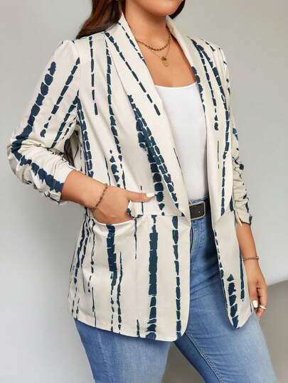 SHEIN LUNE Blazer informal de talla grande con cuello de chal, manga larga, bolsillo y estampado total