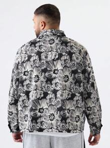 Manfinity VCAY 加大码男士宽松花卉印花梭织长袖夹克，外出拉链彩色图案休闲夹克，适合朋友、丈夫、男朋友的礼物，适合秋冬 - 黑與白 - 查看 2