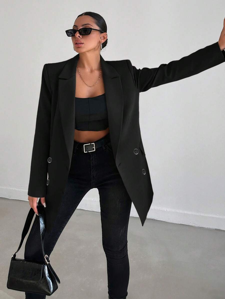 EURMUSE Lapel Neck Double Breasted Flap Detail Blazer - Black - View 1