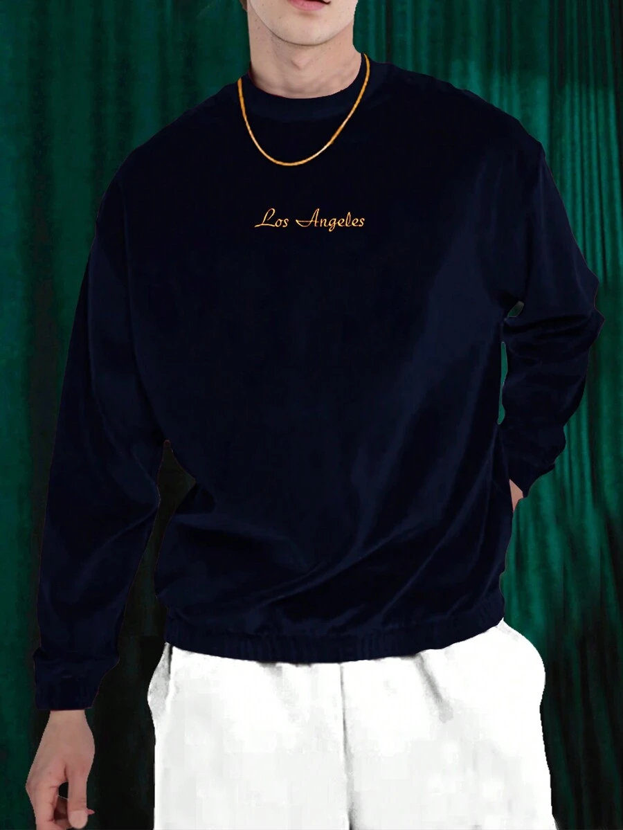 Manfinity AFTRDRK Áo nỉ nhung in chữ thường ngày cho nam - Màu xanh lam - Xem 1