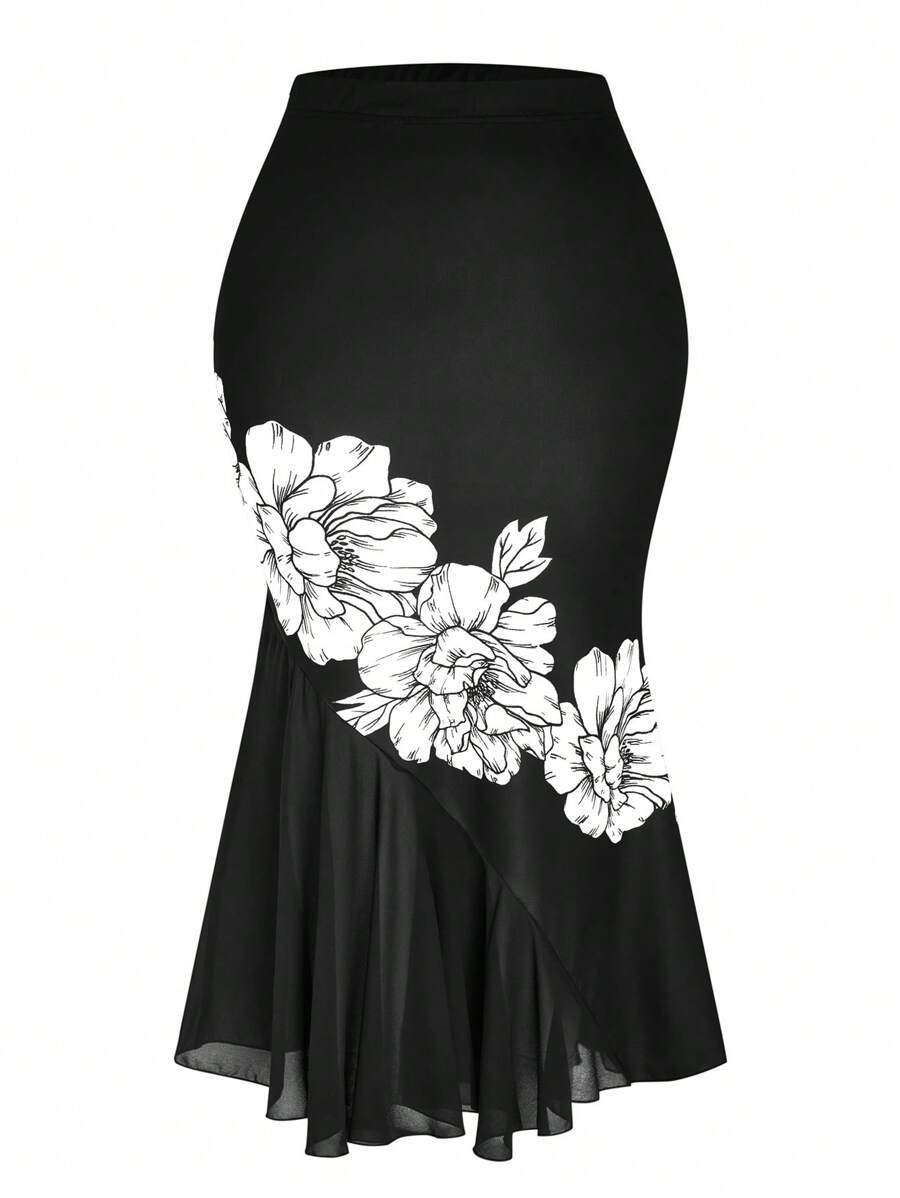 SHEIN Clasi Váy dài thanh lịch bằng vải voan dệt kim in họa tiết tương phản màu đen cỡ lớn dành cho nữ vào mùa thu/đông, thích hợp cho dịp Giáng sinh, năm mới - Đen và trắng - Xem 1
