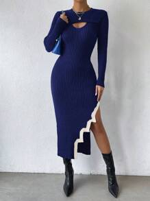 SHEIN Clasi 1 件女式拼色圆领长袖镂空修身毛衣连衣裙，秋冬 - 彩色 - 查看 5