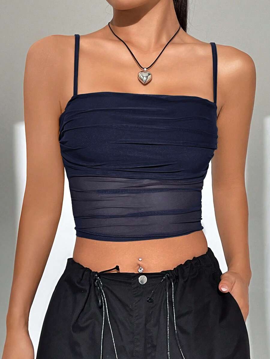 SHEIN EZwear ArmyGreen Summer Tops Solid Ruched Mesh Cami Top - Navy Blue - View 1
