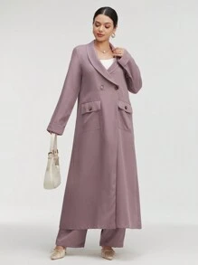 Graceveil Conjunto de dos piezas de abrigo largo de doble botonadura con cuello de chal y pantalones de unicolor, ropa modesta de otoño para mujeres - Morado - Ver 4