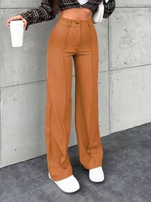 EURMUSE Solid Color Straight Leg High Waisted Suit Pants - Coffee Brown - View 1