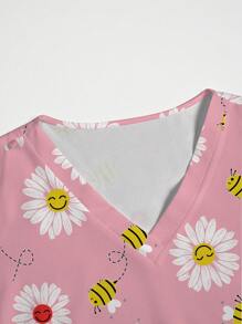 PopScrub 卡通雏菊花和蜜蜂印花 V 领短袖上衣和裤子手术服套装 - 白色 - 查看 6