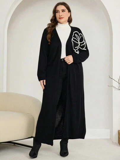 Mulvari 大码女式 3D 花卉装饰长袖休闲开衫，秋冬款