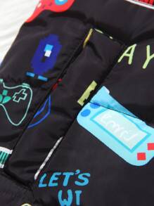 SHEIN Jonge jongens videogame grafische print capuchon rits jas, met gewatteerde voering voor warmte, zachte en comfortabele stof, geschikt voor casual, school, feest en buitenkleding