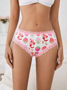 Strawberry Shortcake X SHEIN 2 stuks dames schattige aardbeien bedrukte contrasterende kant sexy en comfortabele slip, roze en rood