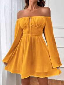 SHEIN VCAY Romantic Off Shoulder Flounce Sleeve Waist Dress - Yellow - View 3