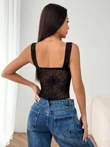 SHEIN EZwear Camiseta de tirantes con malla de telaraña, adecuada para Halloween, para mujeres