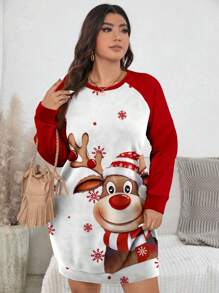 SHEIN LUNE 大码圣诞休闲驯鹿与雪花简约设计长款运动衫，秋冬女装