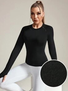 1 件纯色长袖无缝运动 T 恤，带拇指孔