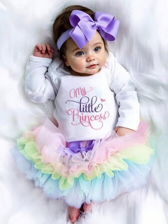 SHEIN Newborn Photo Shoot Outfit - Embroidered Triangular Romper, Contrast Color Tulle Tutu Skirt Set With Bow Headband, Coming Home Outfit For Newborns