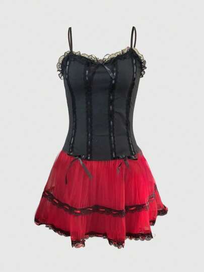 Grunge Punk Vestido de suspensión estilo punk de cintura baja con bloque de color rojo y negro para mujeres