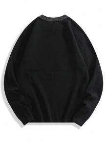 Chillumni 男式圆领长袖图案细节简约休闲套头毛衣 - 黑色 - 查看 2