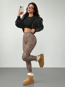 SHEIN PETITE Women's High Waist High Stretch Skinny Leopard Print Fleece Leggings - Brown - View 3