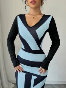 Elenzga Robe longue côtelée moulante à rayures noir et blanc - Bleu azur - Voir 3