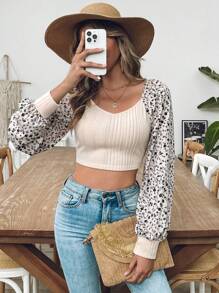 SHEIN VCAY Blusa de manga larga ajustada y corta con costuras de aguja y lanzadera para mujeres - Albaricoque - Ver 3