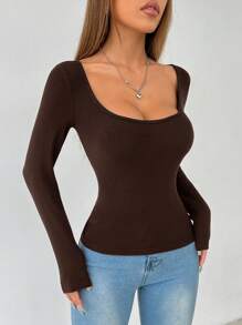 SHEIN PETITE 纯色圆领春季女式羊毛 T 恤