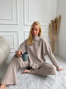 EURMUSE Cotton Women's Drop Shoulder Ribbed Long Sleeve T-Shirt And Pants Set Lounge Brown Autumn Casual - Beige - View 7