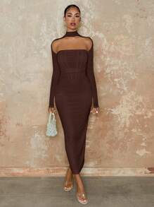 SHEIN BAE 1 件优雅女士露肩连衣裙，长袖，白色，秋季 - 咖啡棕 - 查看 6