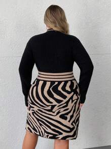 SHEIN CURVE+ Elegant High Neck Splice Contrast Color Leopard Print Bodycon Dress, For Plus Size, For Winter Fall Cloth For Women