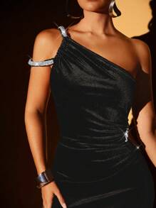 Lumalex 秋冬感恩节服装新年感恩节狂欢节服装正式水钻链单肩高开叉紧身连衣裙女士 - 黑色 - 查看 6