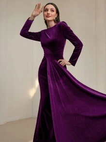 Modelyn 1pc Women's Solid Color Round Neck Long Sleeve Splice Ribbon Fitted Elegant Dress Long Evening Dresses - Purple - View 5