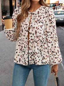 SHEIN Clasi 1 pièce Blouse à manches longues pour femme, col à nœud papillon, ourlet à volants, fermeture devant, couleur unie, élégante