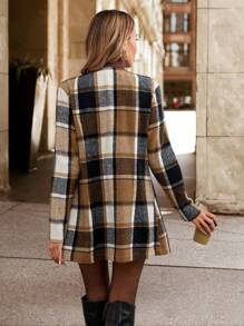 SHEIN Clasi Women's Brown Khaki Plaid Cardigan Sweater Jacket, Fashionable Outerwear For Winter