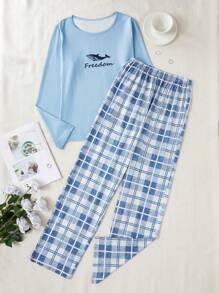 Set de pijama de 2 piezas con estampado de ballena y letras de manga larga, con pantalón a cuadros