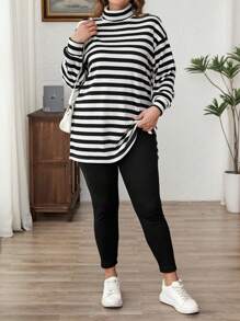 SHEIN LUNE 2pcs Plus Size Women Striped Turtleneck Long Sleeve Split Top And Solid Color Leggings Casual Set,White Autumn Basic Everyday Winter Holiday Outfit - Black and White - View 4