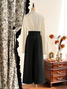 Vintamour Mono vintage elegante de mujer con cuello en V, manga larga, fruncido, empalme de color y satén, mono casual suelto de pierna para trabajo y vacaciones, ropa de invierno para mujer, conjunto de mujer, atuendo de Acción de Gracias, atuendo de invierno, ropa de Navidad, vestido de manga larga para fiesta de Navidad, vestido de Navidad, ropa de Navidad, ropa de iglesia para mujer, mono de mujer, vestido de Nochevieja, vestido de Acción de Gracias, vestido de vacaciones, vestido de invierno - Blanco y Negro - Ver 10