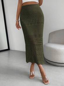 Almamuse Saia suéter feminina clássica cor sólida vazada malha elegante linha A