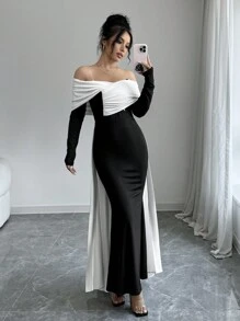 Firerie Women Elegant Sexy Off-Shoulder Color Block Evening Long Sleeve Dress, Black And White Bodycon Dress,Princess Tight Long Dress For Party & Gathering, Christmas Party Women Dress,New Year Eve Dress,Autumn/Winter