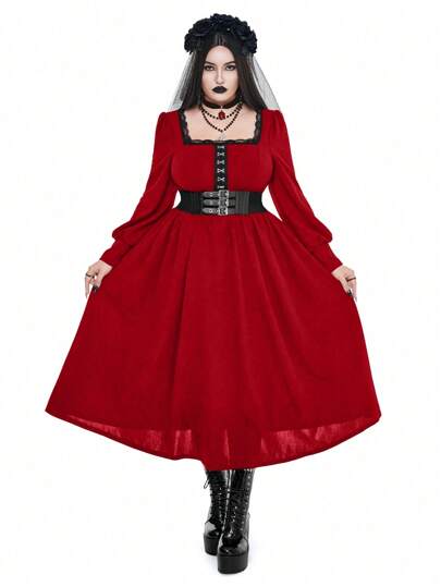 Whyspr Vestido largo de estilo vintage con mangas tipo globo, decoración de botones de metal y cintura alta, en estilo retro gótico/oscuro, medieval, barroco y palaciegos