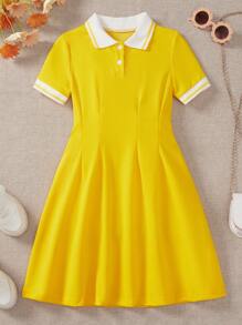 SHEIN Vestido de uniforme escolar para niña preadolescente con cuello polo y manga corta - Amarillo - Ver 1